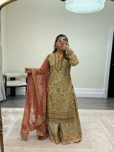Load image into Gallery viewer, DEFECTIVE Baroque inspired golden chiffon embroidered suit with sharara with chiffon duppata. (Copy)