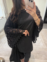 Load image into Gallery viewer, Crochet sleeve shirt with farshi shalwar and silk duppata with pearl finishing throughout