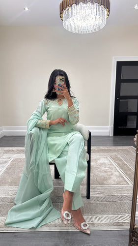 Green raw silk handwork embroidered suit with chiffon duppata