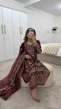 Load image into Gallery viewer, Maroon embroidered suit with full embellishment detailing and organza embroidered duppata. Crepe trouser. Eid collection and party wear