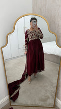 Load image into Gallery viewer, Chiffon frock style suit with sari draped duppata and hand embellishments and silk trouser. Eid collection. Party wear.