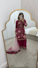 Load image into Gallery viewer, Jazmin inspired chiffon embroidered suit with chiffon duppata and wide leg embroidered trouser