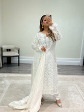 Load image into Gallery viewer, Lace net pearl embellished suit with trouser with chiffon duppata.