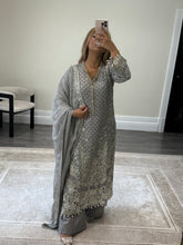Load image into Gallery viewer, Grey Maria b inspired chiffon suit with embellishment and embroidery with chiffon duppata and trouser. Asian party wear suit.