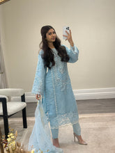 Load image into Gallery viewer, Ice blue Organza embellished suit with stonework. Organza duppata and silk trouser.