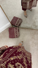 Load image into Gallery viewer, Maroon embroidered suit with full embellishment detailing and organza embroidered duppata. Crepe trouser. Eid collection and party wear