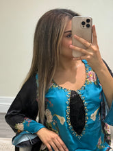 Load image into Gallery viewer, Silk 3 piece suit lulusar inspired with handwork on neckline. Kameez suit.