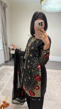 Load image into Gallery viewer, Black/ white chiffon embroidered suit with sequin embroidery and embellishments. Chiffon duppata. Eid and party wear.