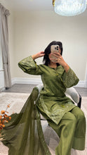 Load image into Gallery viewer, Vanya inspired silk embroidered suit with sequin embroidery and embellishments. Chiffon duppata. Eid and party wear.