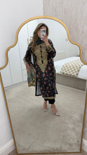 Load image into Gallery viewer, Black silk floral embroidered 3 piece suit with silk duppata