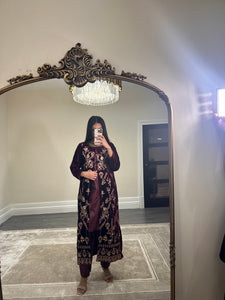 Velvet embroidered gown with silk inner and trouser