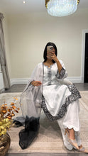 Load image into Gallery viewer, Raw silk black and white hand embroidered 3 piece suit with organza duppata