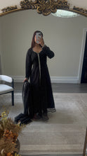 Load image into Gallery viewer, Mahira khan black sparkle suit with open gown style shirt. Duppata and trouser.