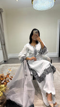 Load image into Gallery viewer, Raw silk black and white hand embroidered 3 piece suit with organza duppata