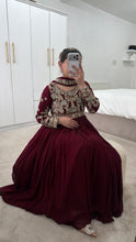 Load image into Gallery viewer, Chiffon frock style suit with sari draped duppata and hand embellishments and silk trouser. Eid collection. Party wear.