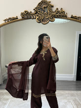 Load image into Gallery viewer, brown hand embroidered raw silk suit with farshi shalwar and chiffon duppta party wear suit