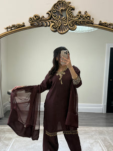 brown hand embroidered raw silk suit with farshi shalwar and chiffon duppta party wear suit