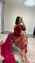 Load image into Gallery viewer, Sparkle red velvet embroidered suit with silk trouser and chiffon duppata