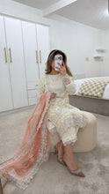 Load image into Gallery viewer, White sparkle chiffon embroidered suit with cotton net duppata and crepe trouser