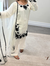 Load image into Gallery viewer, Cream and black embroidered cotton silk suit with shalwar and organza duppata with embroidery.
