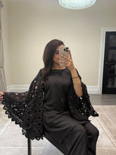 Load image into Gallery viewer, Crochet sleeve shirt with farshi shalwar and silk duppata with pearl finishing throughout