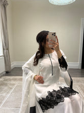 Load image into Gallery viewer, black and white embroidered raw silk suit with silk plazzo and chiffon duppata party wear suit