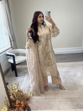 Load image into Gallery viewer, Qalamkar inspired khadi net suit with embroidered khadi net duppata and lawn embroidered trouser