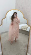 Load image into Gallery viewer, Korean raw silk suit with emrboidery and lace details. Organza duppata. Party wear. Eid collection.