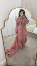 Load image into Gallery viewer, Light Pink Maria b inspired chiffon suit with embellishment and embroidery with chiffon duppata and trouser. Asian party wear suit.