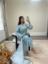 Load image into Gallery viewer, Ice blue Organza embellished suit with stonework. Organza duppata and silk trouser.