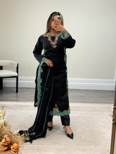 Load image into Gallery viewer, Organza Green and black hand embroidered 3 piece suit with chiffon duppata and trouser