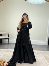 Load image into Gallery viewer, Organza cutwork embroidered shirt with wide leg silk plazzo and medium silk duppata. Eid collection