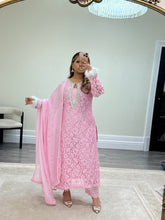 Load image into Gallery viewer, Lace net pearl embellished suit with trouser with chiffon duppata.