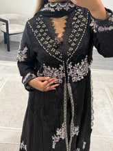 Load image into Gallery viewer, Maria b inspired black chiffon frock with embroidered and rhinestone detailing with trouser and chiffon duppata