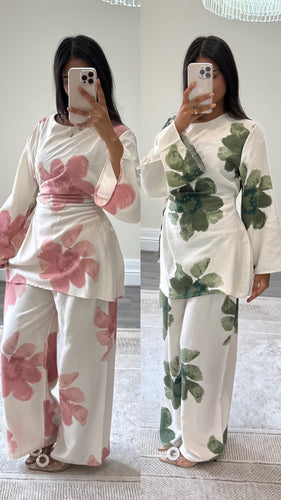 New floral coord set with side tie detailing and wide leg trouser