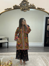 Load image into Gallery viewer, Stylish silk printed 2 piece coord set with printed shirt and trouser. One size fits all.