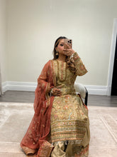 Load image into Gallery viewer, DEFECTIVE Baroque inspired golden chiffon embroidered suit with sharara with chiffon duppata. (Copy)