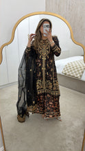 Load image into Gallery viewer, Black Organza embellished 3 piece suit with wide leg silk trouser Eid collection party wear