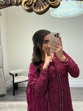 Load image into Gallery viewer, Croatia suit with embellishments and trouser. Chiffon duppata. South Asian party wear suits
