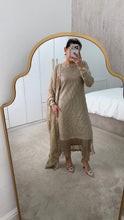 Load image into Gallery viewer, Sparkle Golden chiffon suit with embroidered chiffon duppata and trouser. Party wear. Eid collection.