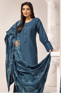 Dhanak embroidered shawl 3 piece suit Blue