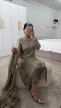 Load image into Gallery viewer, Sparkle Golden chiffon suit with embroidered chiffon duppata and trouser. Party wear. Eid collection.