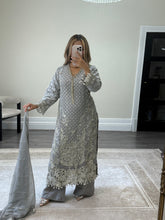 Load image into Gallery viewer, Grey Maria b inspired chiffon suit with embellishment and embroidery with chiffon duppata and trouser. Asian party wear suit.