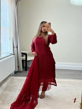Load image into Gallery viewer, Sparkle Golden chiffon suit with embroidered chiffon duppata and trouser. Party wear. Eid collection.