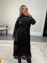 Load image into Gallery viewer, Black silk suit with embroidered sequin work and silk tye dye duppata and silk trouser