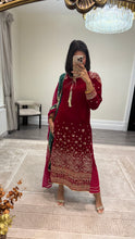 Load image into Gallery viewer, Sparkle red velvet embroidered suit with silk trouser and chiffon duppata