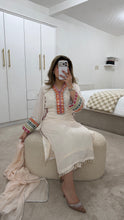 Load image into Gallery viewer, Cotton silk handwork suit in  off white with colourful embroidery and silk duppata