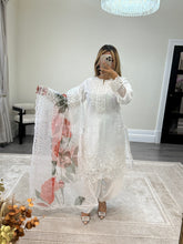 Load image into Gallery viewer, White embroidered shirt with floral print organza duppata and silk trouser