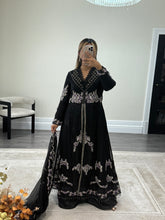 Load image into Gallery viewer, Maria b inspired black chiffon frock with embroidered and rhinestone detailing with trouser and chiffon duppata
