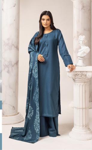 Dhanak embroidered shawl 3 piece suit Blue